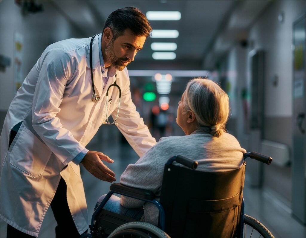 Doctor speaking with an elderly patient in a wheelchair during a hospital consultation, providing compassionate medical care.
