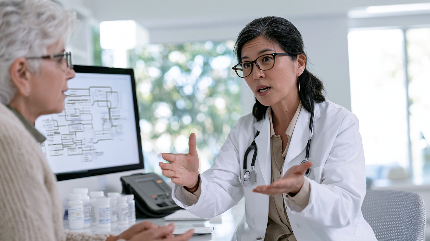 Primary care doctor discussing a patient's prescription medications and treatment plan during a medication review.