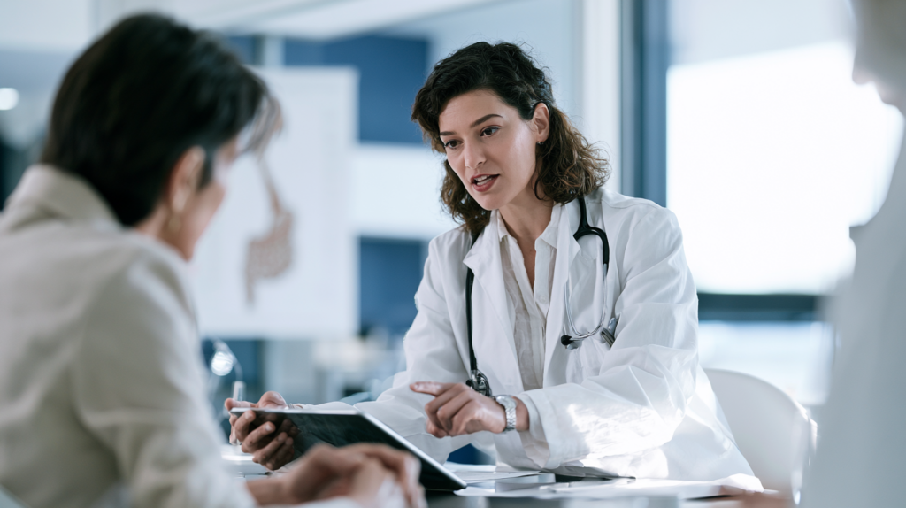 Primary care physician reviewing laboratory results with an older woman during an anemia evaluation.