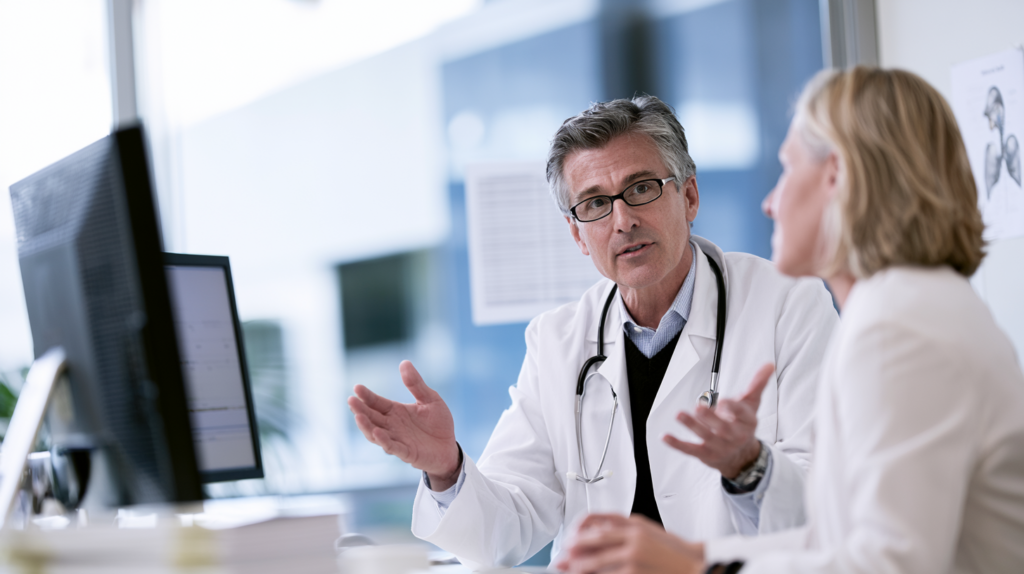 Primary care physician talking with an older patient about prescription medications, dosage, and ongoing treatment.