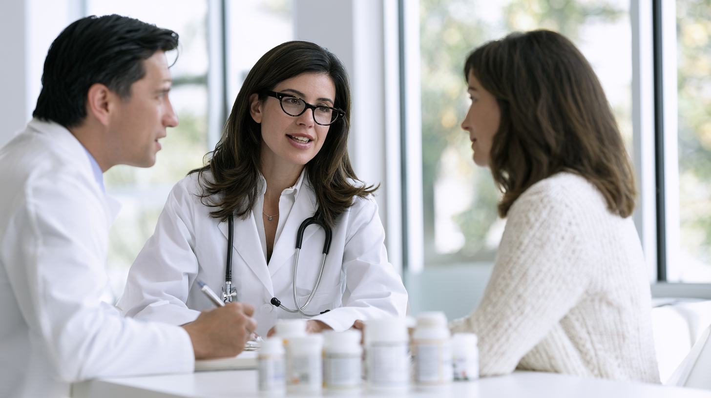 Primary care doctors discussing medications and possible causes of elevated liver enzymes with a female patient.