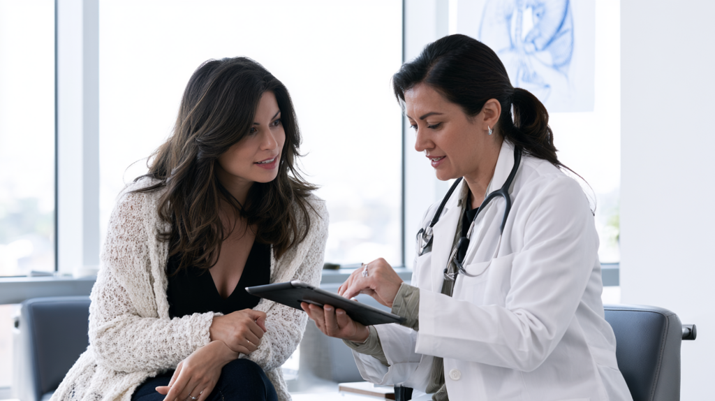 Primary care doctor reviewing thyroid test results and hypothyroidism treatment with a female patient.
