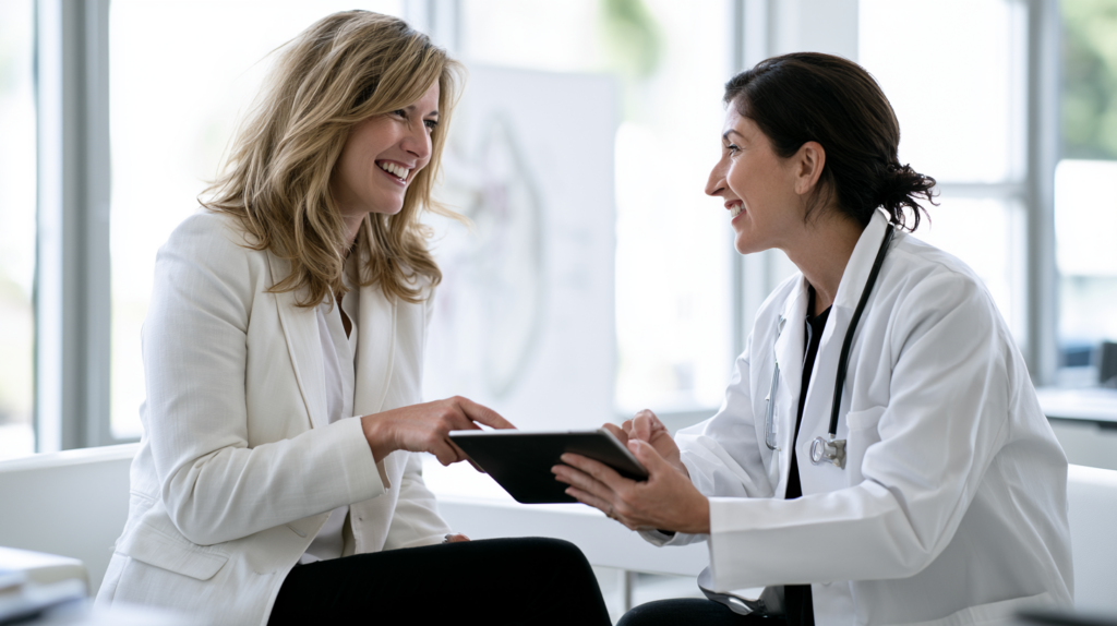 Female patient discussing hypothyroidism medication and follow-up care with her primary care doctor.