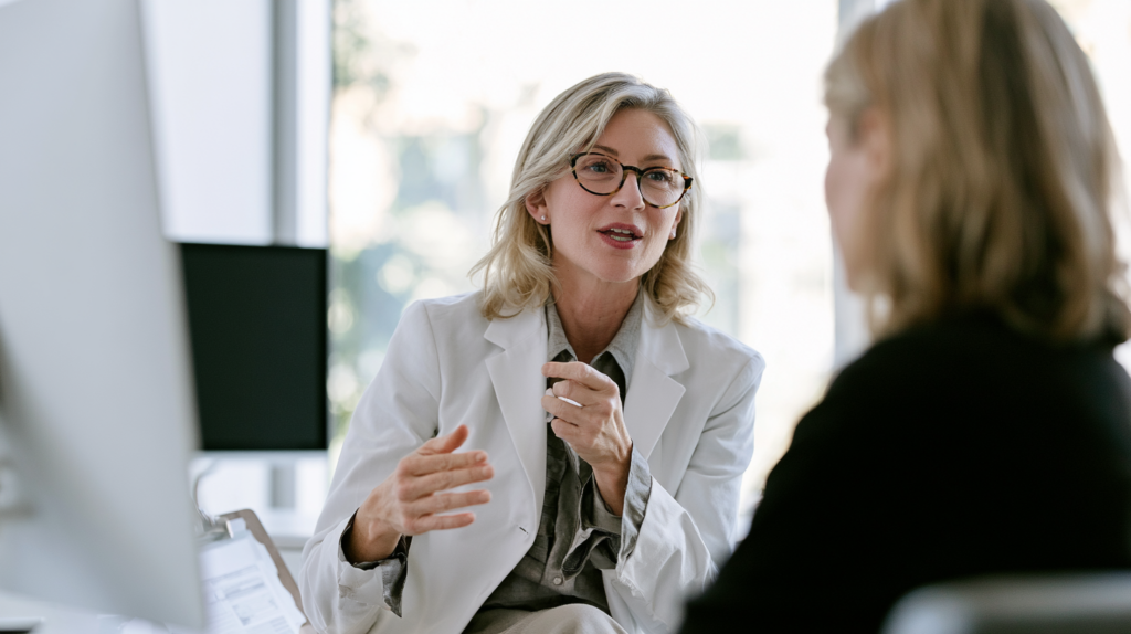 Primary care doctor discussing GLP-1 medication evaluation and treatment considerations with a patient during a medical consultation.
