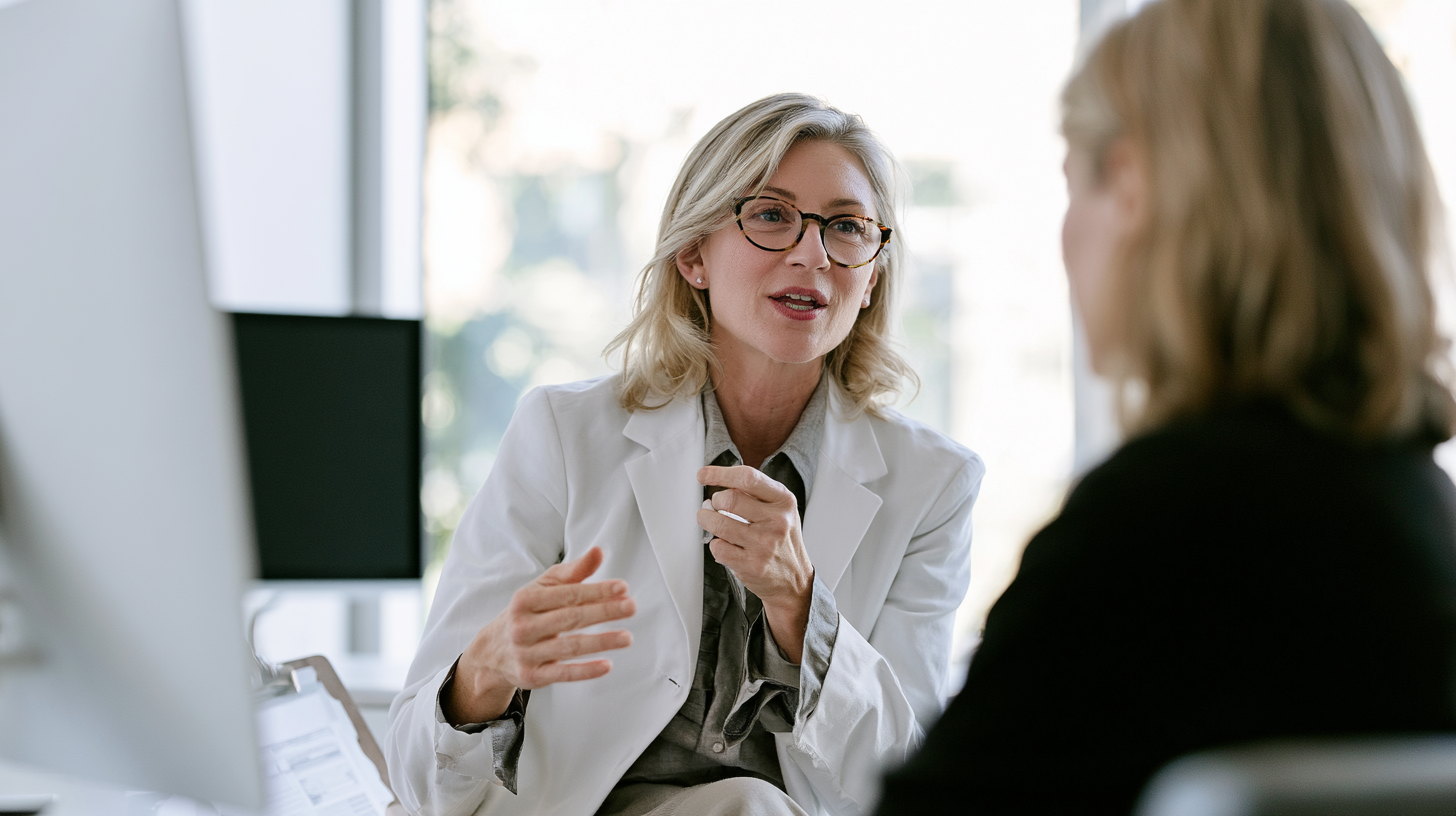 Primary care doctor discussing GLP-1 medication evaluation and treatment considerations with a patient during a medical consultation.