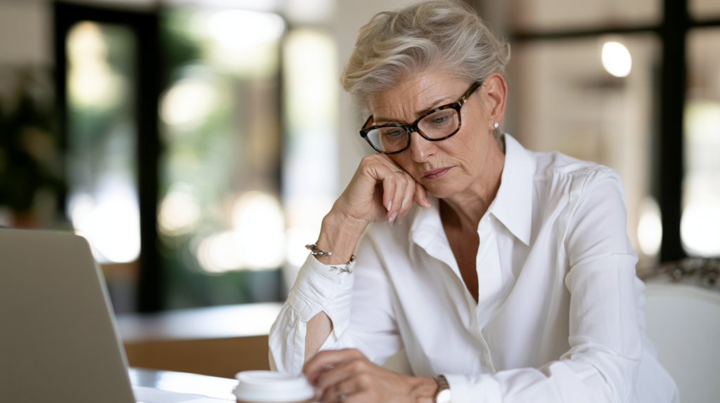 Older woman reviewing health information after blood testing for possible iron deficiency and anemia.
