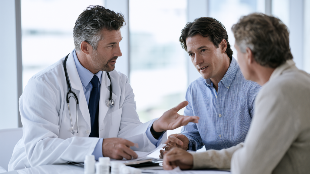 Primary care doctor discussing recurring heartburn and acid reflux symptoms with patients during a medical consultation.