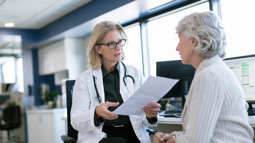 Primary care physician discussing medical results and preventive health recommendations with an older female patient.