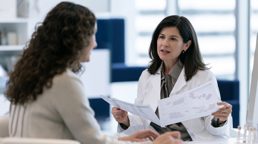 Doctor explaining laboratory findings to a female patient during an evaluation for iron deficiency and anemia.