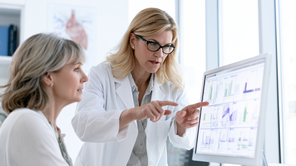 Primary care doctor reviewing laboratory results with a patient after elevated liver enzymes were found on a blood test.