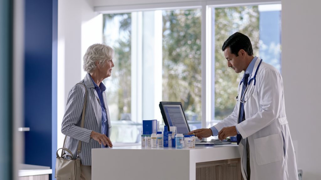 Older patient meeting with a primary care doctor to review current prescriptions and medication management.
