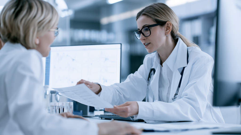 Primary care physician reviewing medical information with a patient experiencing recurring acid reflux and heartburn symptoms.