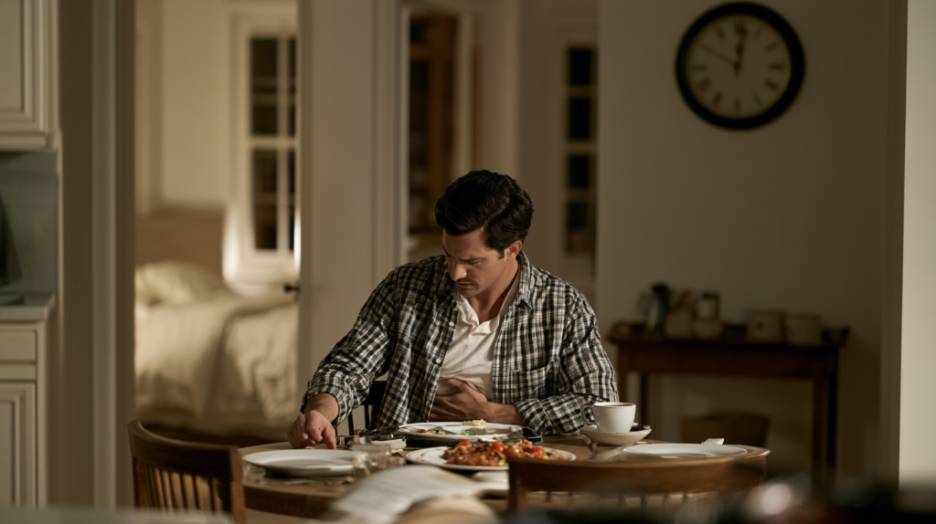 Man experiencing heartburn and stomach discomfort after eating a meal at home.