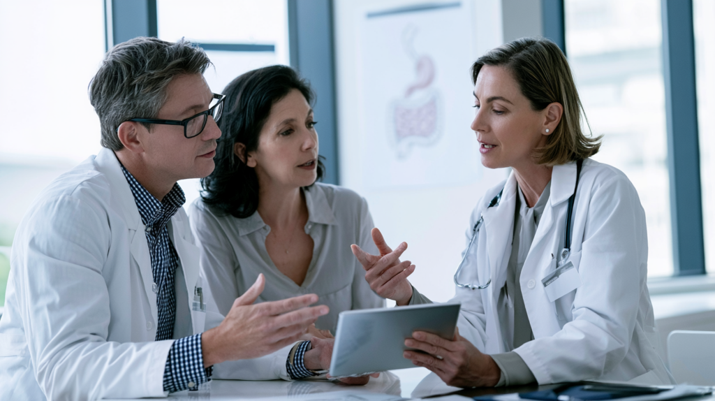 Primary care medical team reviewing a patient’s digestive symptoms and treatment options for persistent acid reflux.