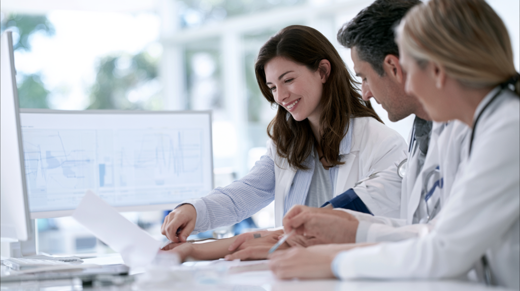 Medical team reviewing thyroid blood test results and monitoring treatment for hypothyroidism.