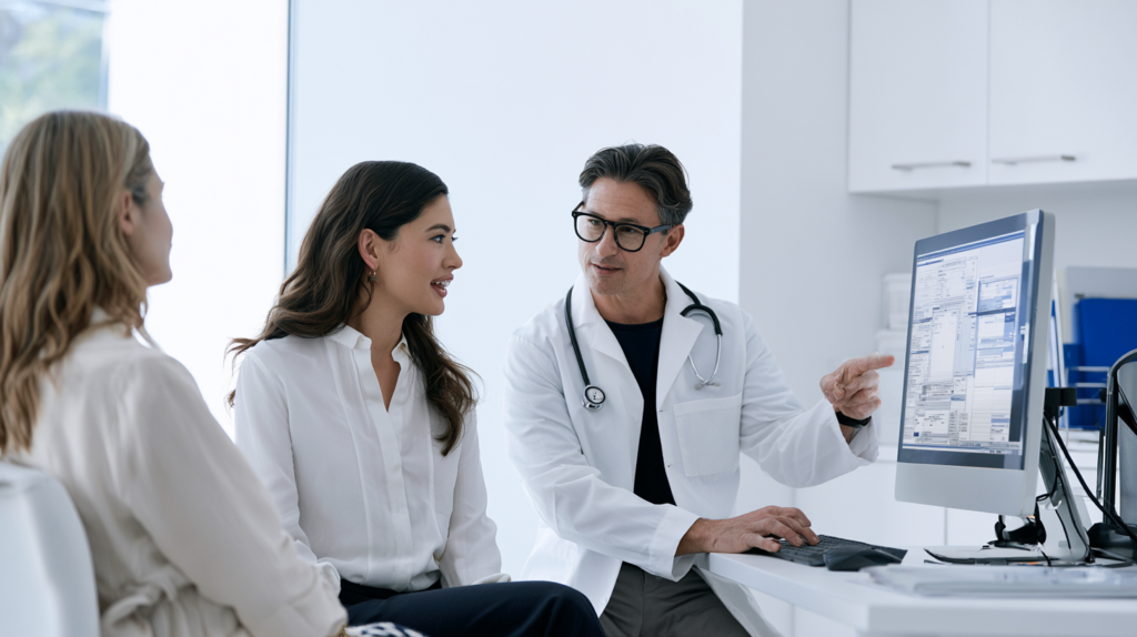 Healthcare provider performing a clinical evaluation as part of a patient assessment before prescribing GLP-1 medication.