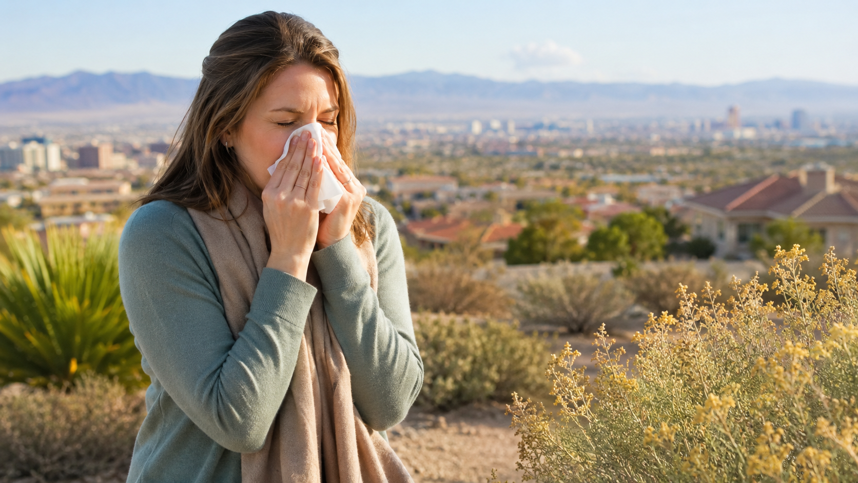 Woman experiencing fall allergy symptoms outdoors in Las Vegas with desert plants and the city skyline in the background