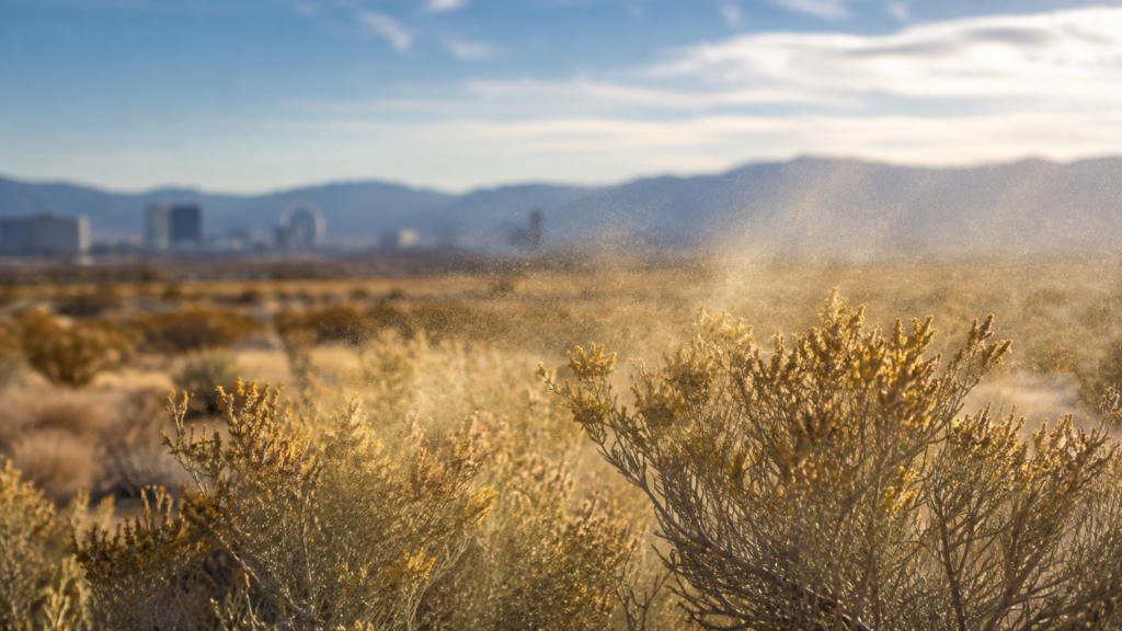 Fall pollen and airborne dust moving through desert vegetation during allergy season in Las Vegas
