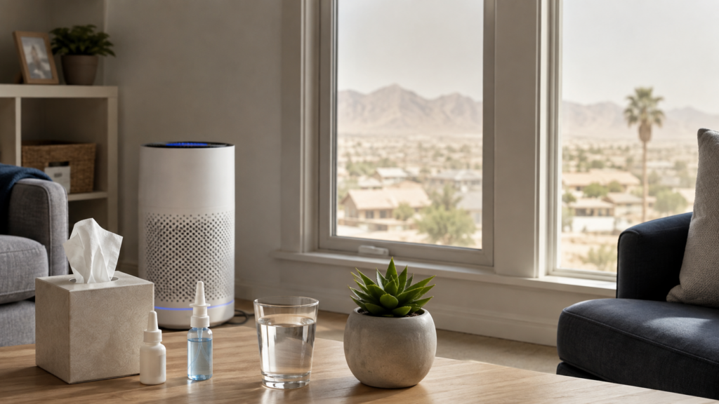 Allergy relief products, inhaler, air purifier, and air quality monitor used during fall allergy season