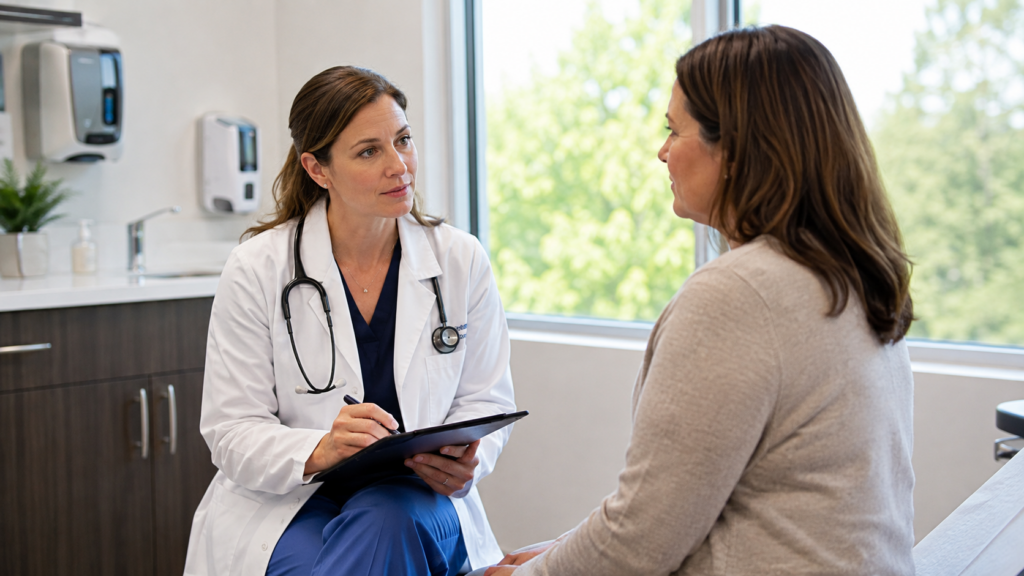 Primary care doctor evaluating a patient with persistent fall allergy and sinus symptoms