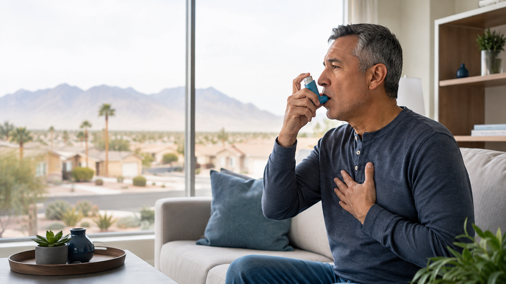 Man using a rescue inhaler at home while managing asthma or COPD symptoms in Las Vegas