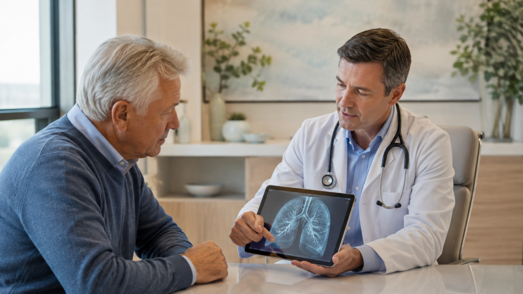 Primary care doctor reviewing lung health and respiratory findings with an older adult patient
