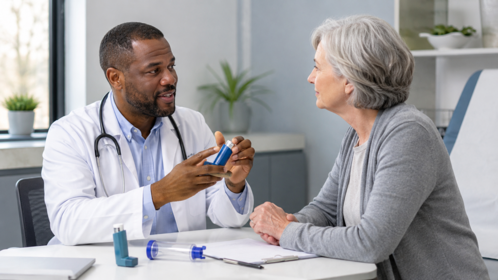 Doctor reviewing inhaler use and respiratory treatment with an older adult patient