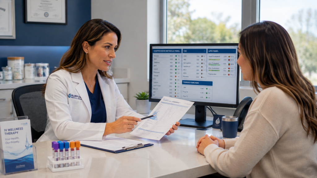 Primary care doctor reviewing test results with a patient during an evaluation for frequent heartburn and acid reflux.