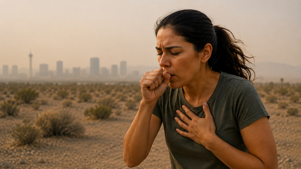 Woman coughing and experiencing breathing discomfort during poor air quality in Las Vegas