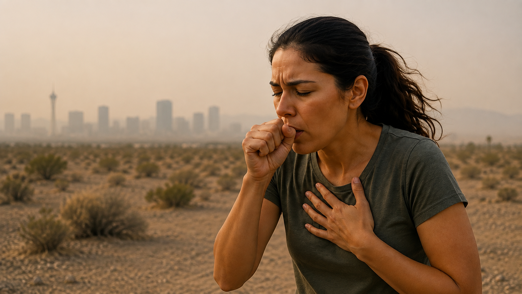Woman coughing and experiencing breathing discomfort during poor air quality in Las Vegas
