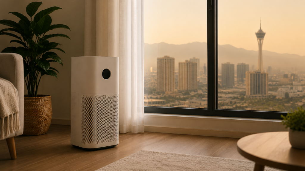 Air purifier running indoors while haze and poor air quality cover the Las Vegas skyline