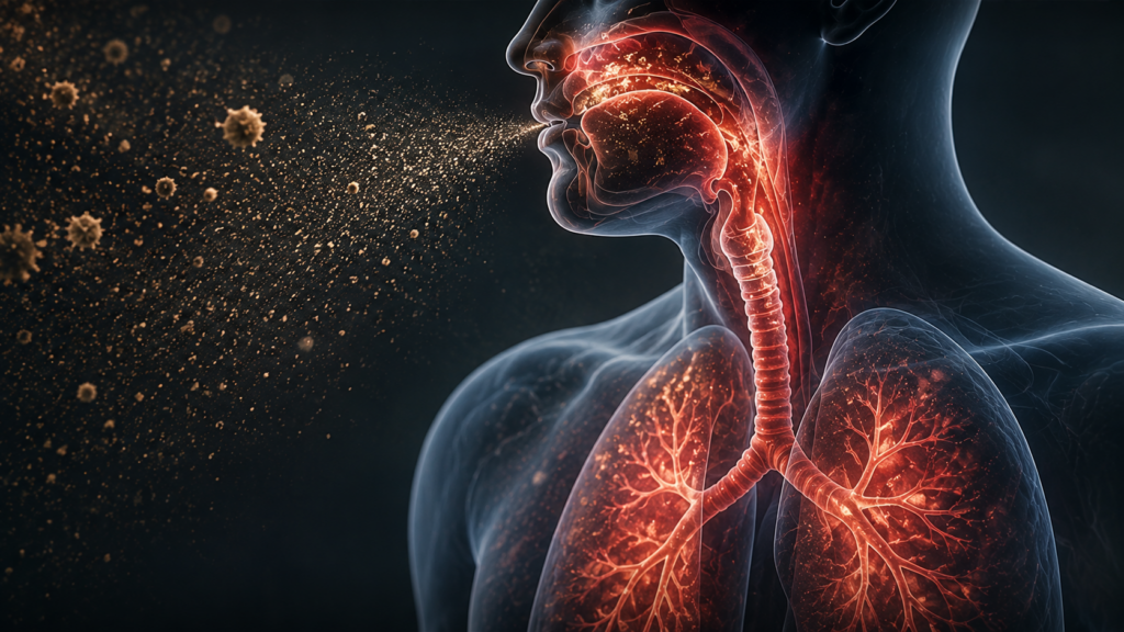 Medical illustration showing dust particles entering the airways and irritating the lungs