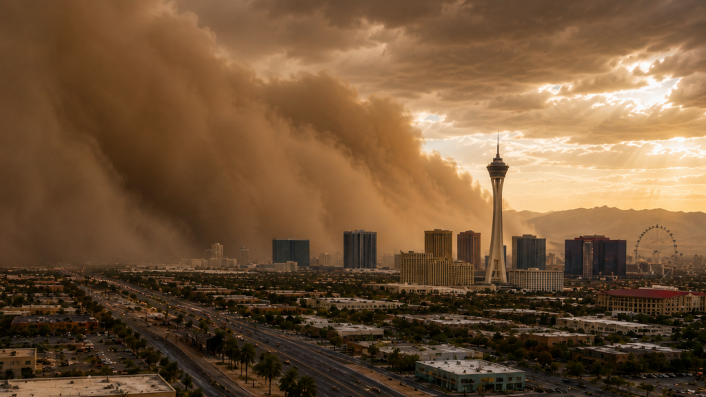 Large dust storm approaching the Las Vegas skyline during monsoon season