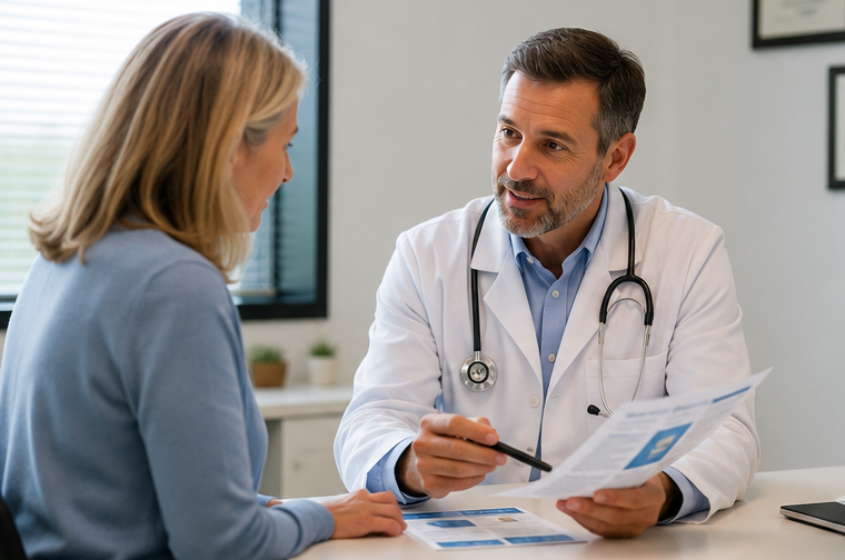 Adult patient reviewing recommended vaccines and immunization history with a primary care physician