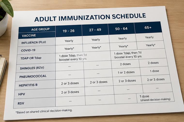Older adult receiving a recommended vaccine from a healthcare provider during a preventive care visit