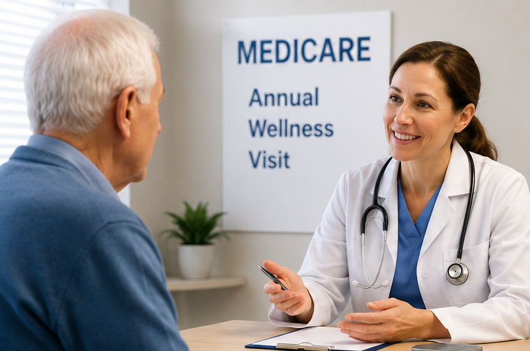 Older adult discussing a Medicare Annual Wellness Visit with a primary care physician