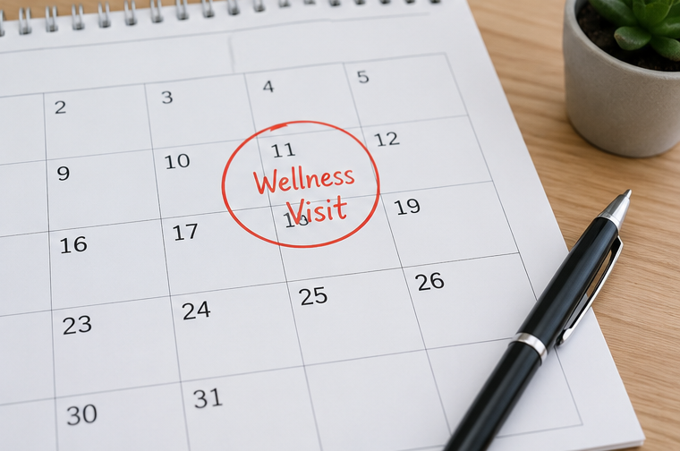Calendar showing a scheduled Medicare wellness visit for an older adult planning preventive care