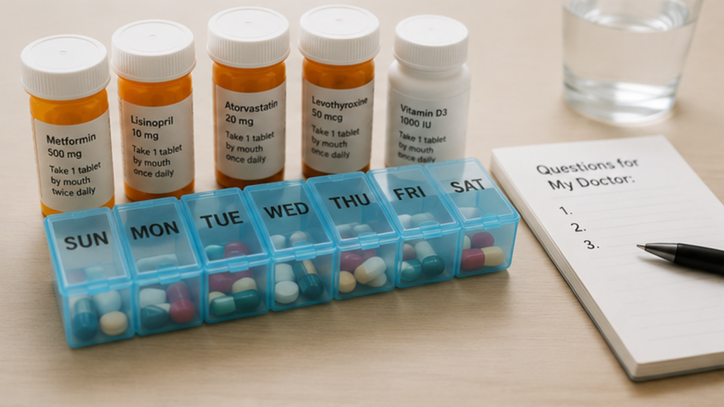 Prescription medications and pill organizer used to manage several chronic health conditions