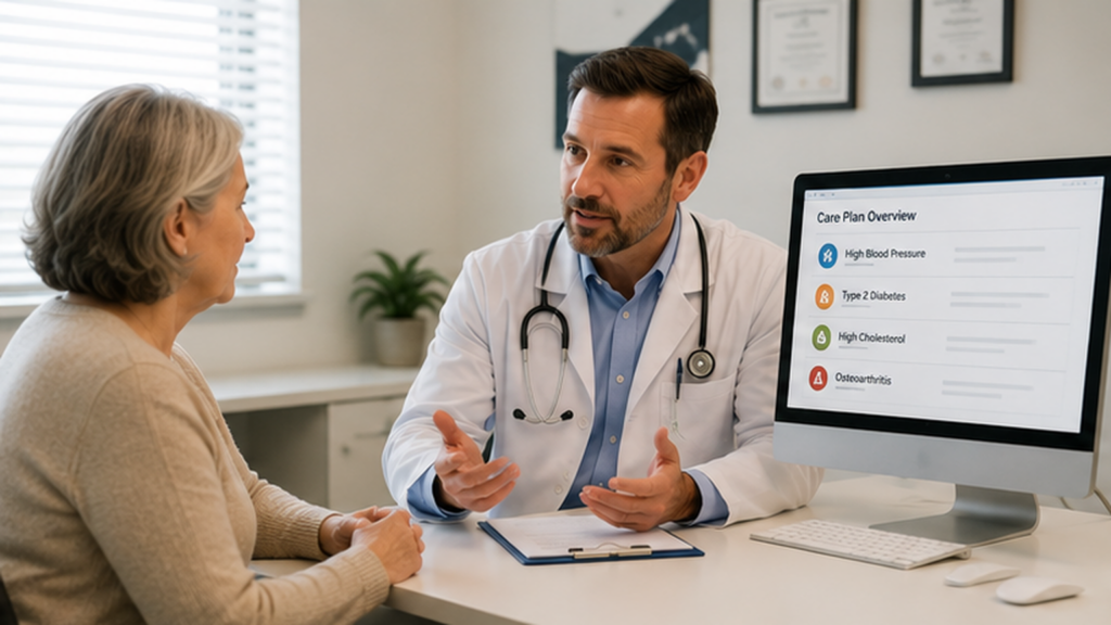Doctor discussing multiple chronic conditions with an older adult patient during a coordinated primary care visit