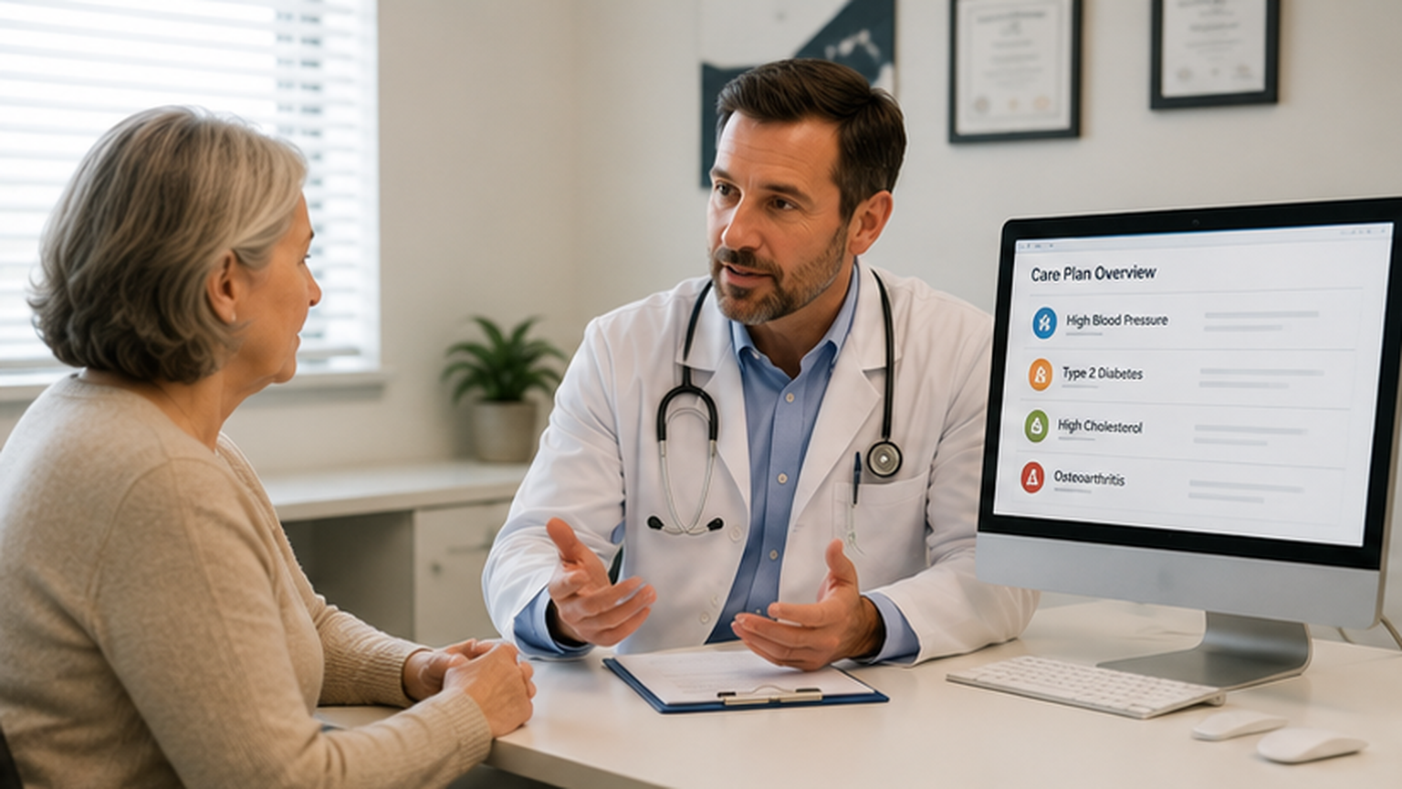 Doctor discussing multiple chronic conditions with an older adult patient during a coordinated primary care visit