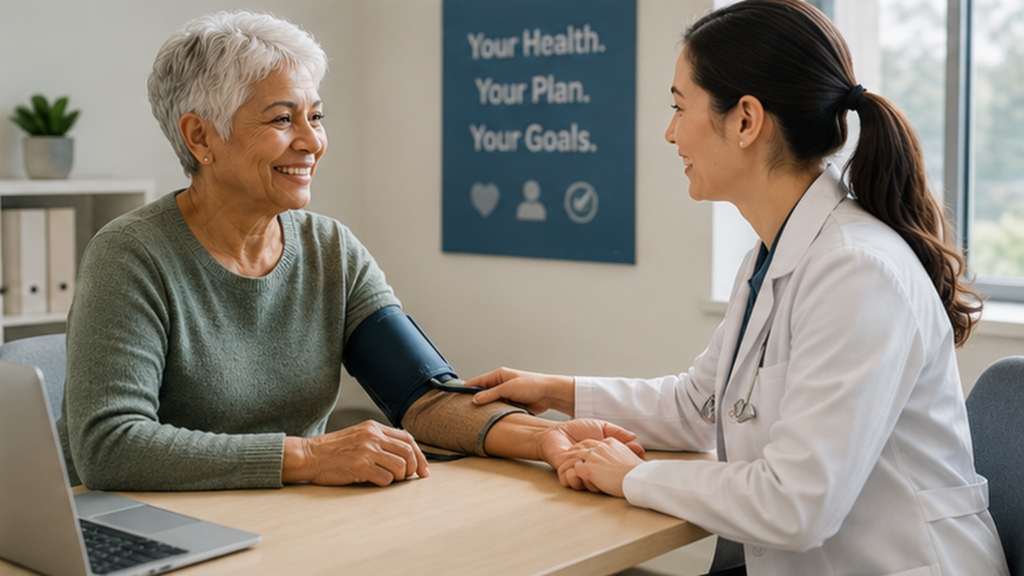 Older adult reviewing blood pressure and health goals with a primary care physician during a chronic care visit