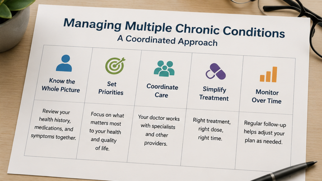 Coordinated care plan showing how treatment goals change when multiple chronic conditions overlap