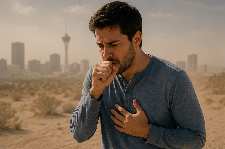 Person experiencing a persistent cough during dusty conditions in Las Vegas