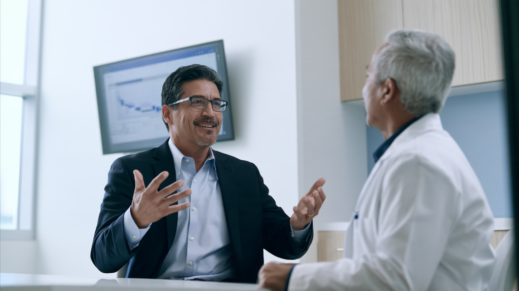 Adult patient discussing thyroid antibody testing and Hashimoto’s diagnosis with a healthcare provider.