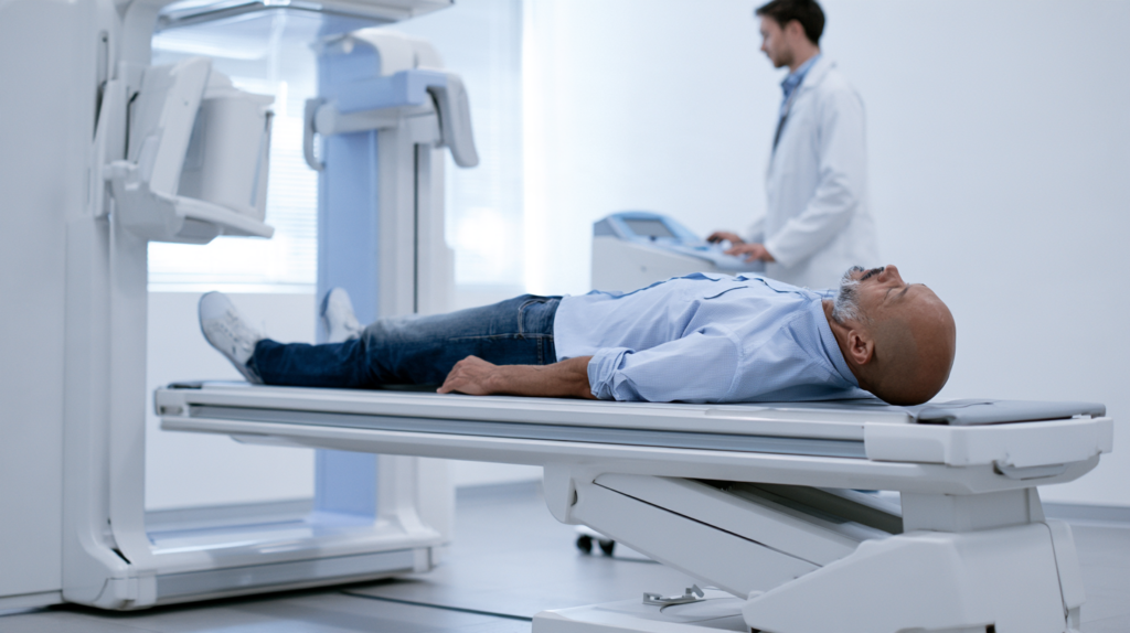 Older man undergoing a bone density scan as part of osteoporosis screening and evaluation.