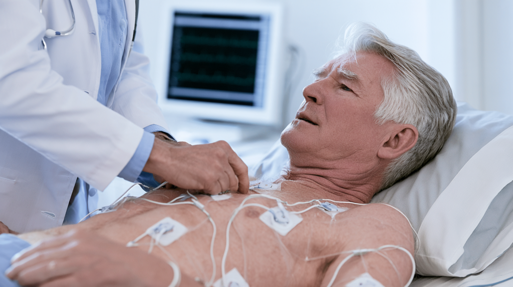 Older man undergoing an EKG test while a healthcare provider places electrodes on his chest.