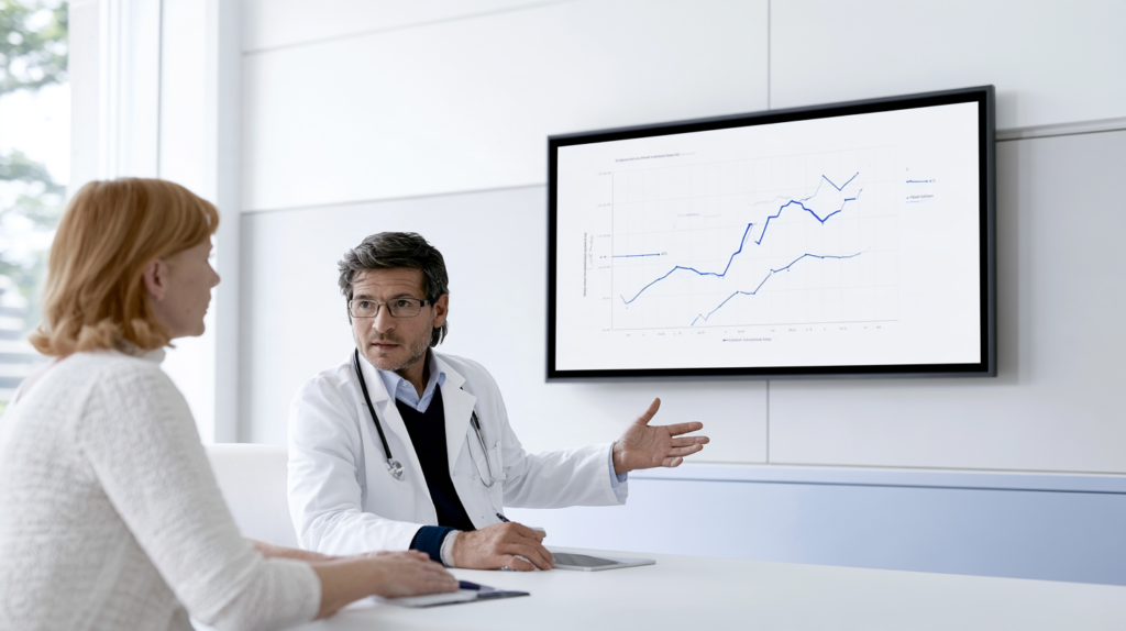 Doctor reviewing weight and health trends with a patient during a GLP-1 medication follow-up visit.