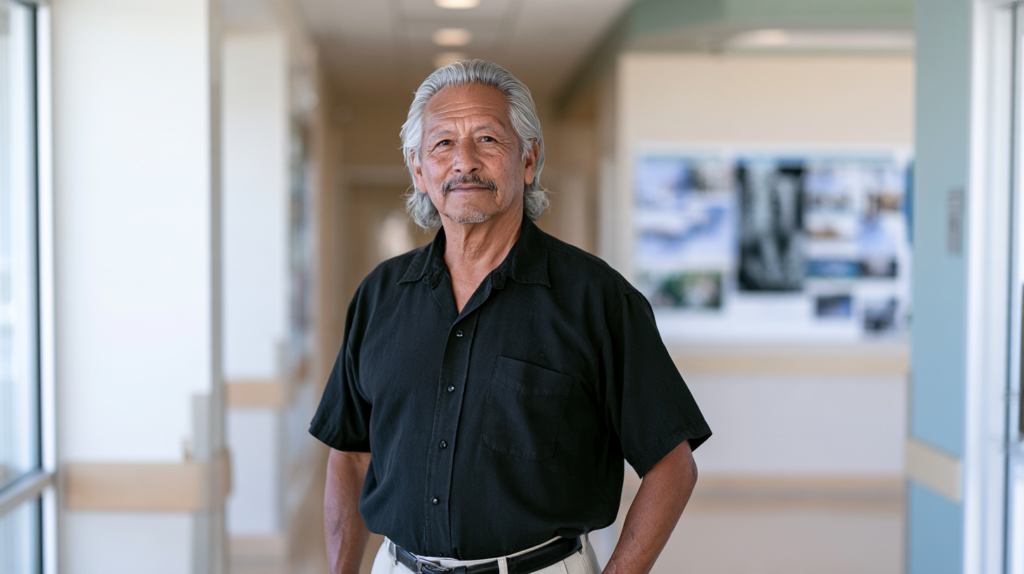 Older man in a medical clinic during an osteoporosis screening visit.