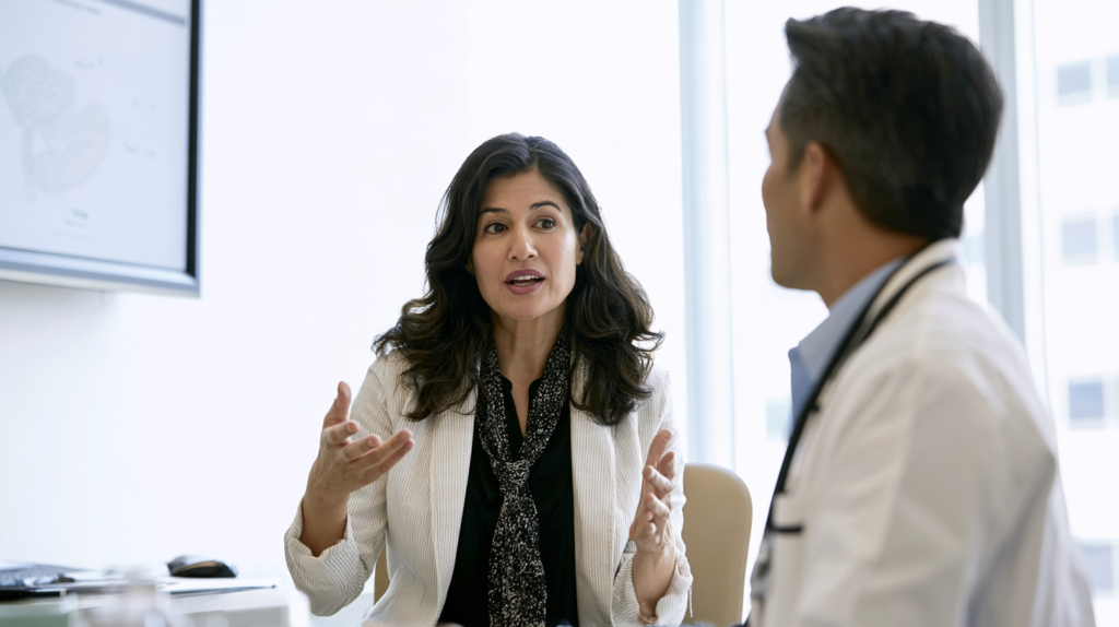 Woman discussing perimenopause symptoms and health concerns with a primary care doctor during an office visit.