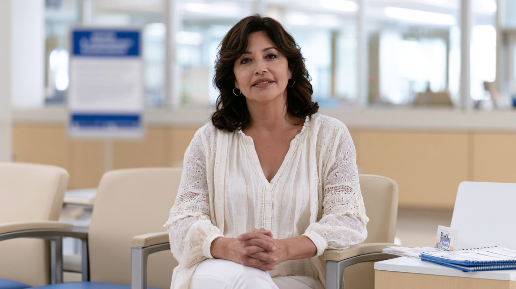 Woman age 50 or older waiting at a medical clinic for preventive care and pneumococcal vaccination guidance.